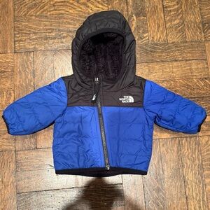 North Face Infant Blue Reversible Puffer Jacket Mt Chimbo Full-Zip Hood SZ 0-3M